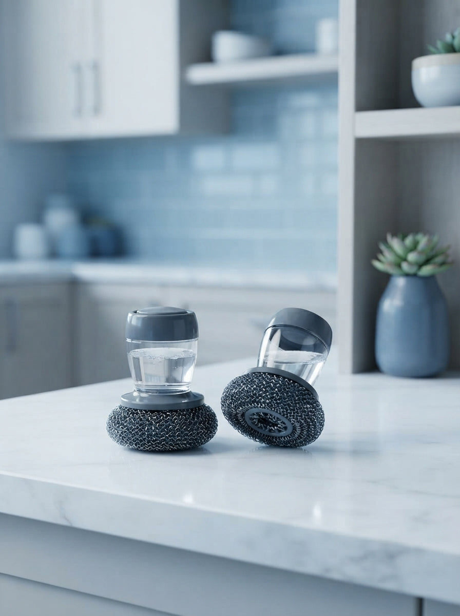 Two 2-in-1 liquid soap dispensing brushes sitting on a white marble kitchen counter.